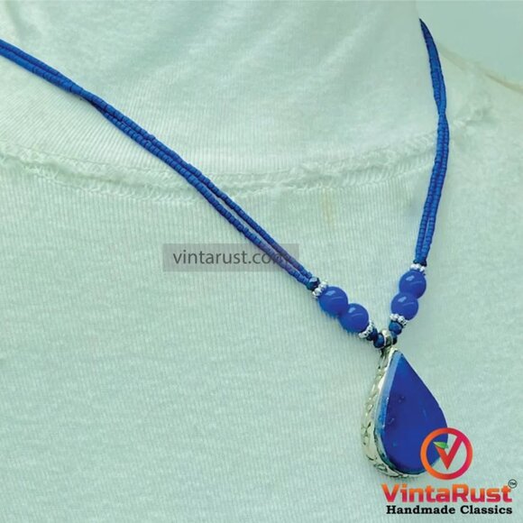 Lapis Lazuli Tear Drop Pendant Necklace: Beaded Gemstone Jewelry - Picture 5 of 11